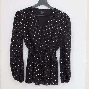 ISAAC MIZRAHI WOMENS V-NECK ELEGANT BLACK AND GOLD BLOUSE